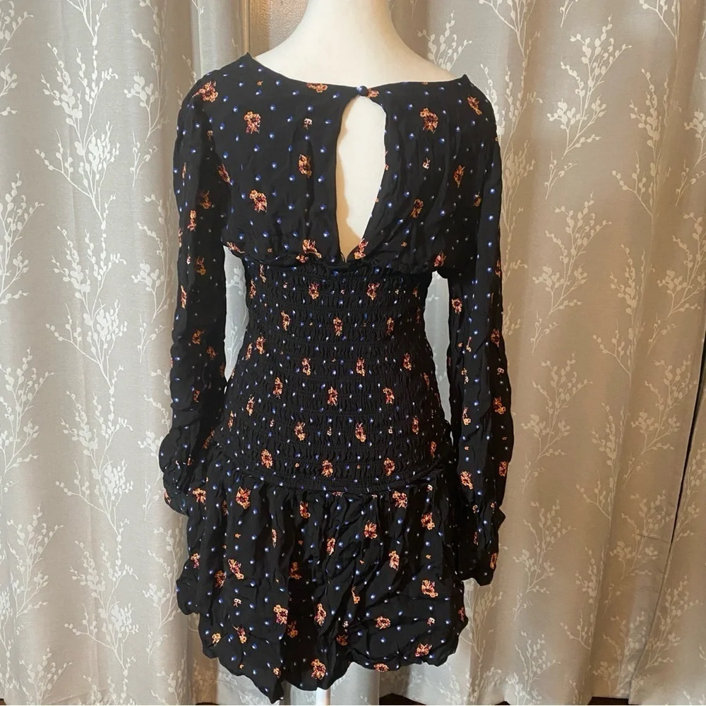 Free People Love of My Life Smocked Mini Dress • Black Floral Ditsy • Small